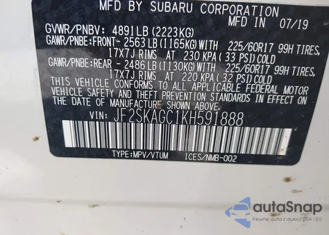 2019 Subaru Forester Premium из США, поврежденный, VIN JF2SKAGC1KH591888